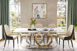 Jenpeg dining table front view with white faux marble top and silver gold base