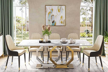Jenpeg dining table front view with white faux marble top and silver gold base