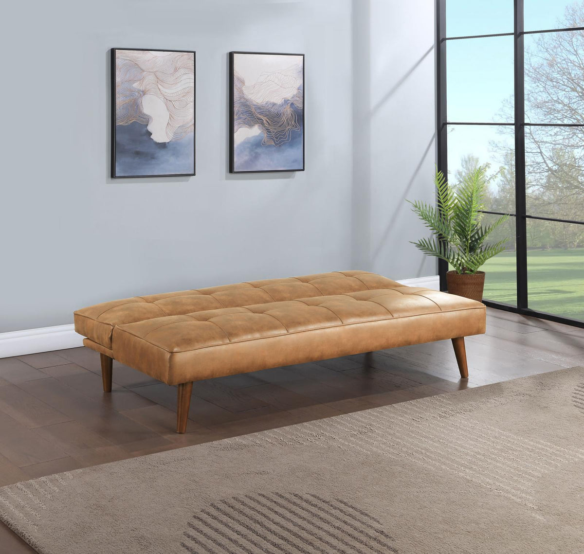Jenson Convertible Sofa Bed Saddle Brown tufted close-up