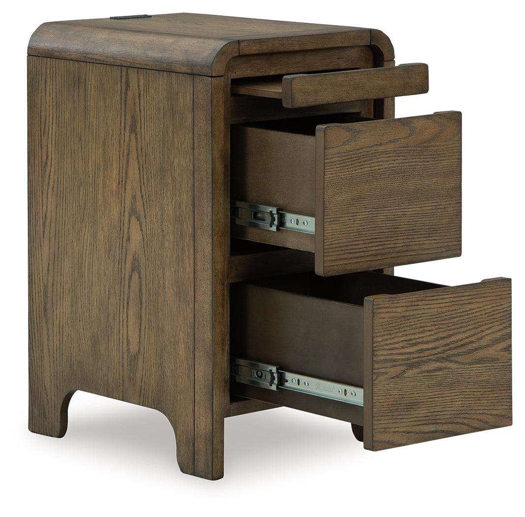 Jensworth Brown Accent Table side view showing drawers