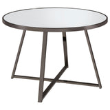 Jillian round dining table front view showing tempered mirror top and black nickel frame