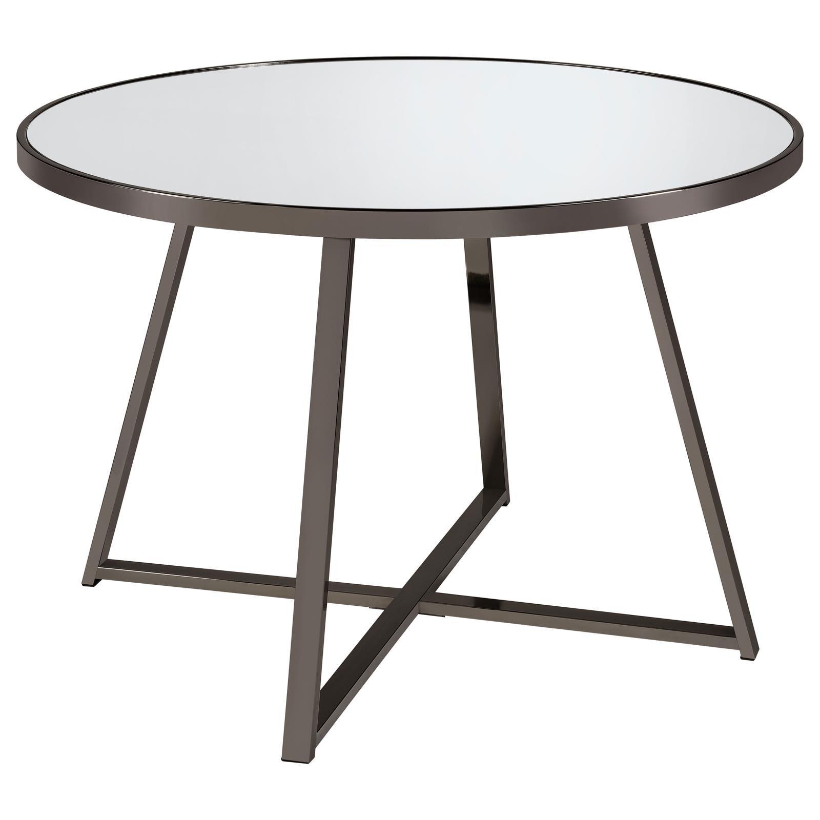 Jillian round dining table front view showing tempered mirror top and black nickel frame