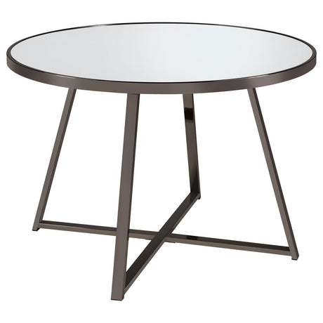 Jillian round dining table front view showing tempered mirror top and black nickel frame