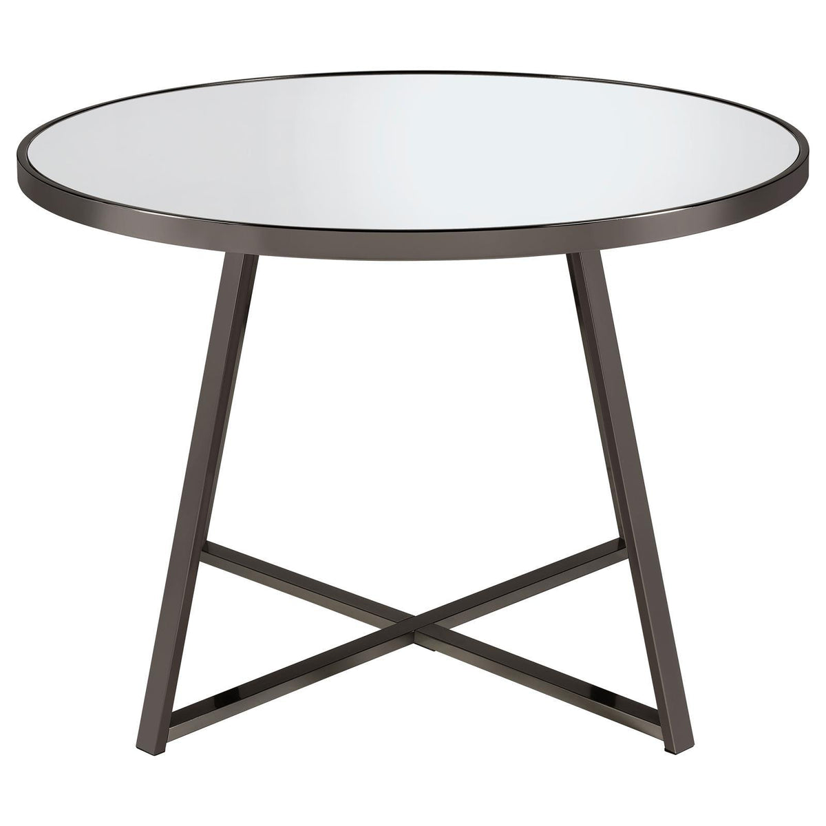 Close-up of tempered mirror top and sleek black nickel metal apron