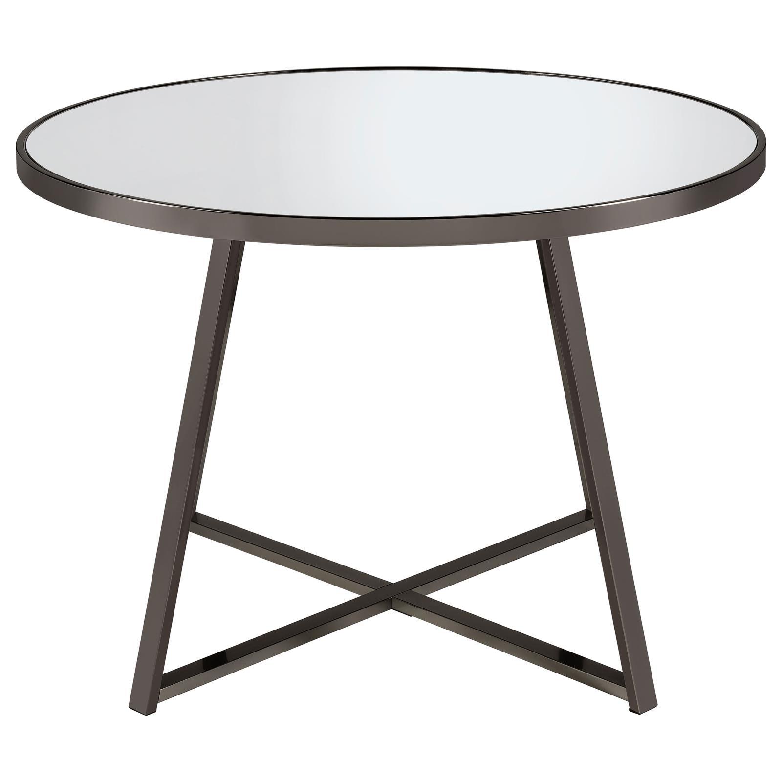 Close-up of tempered mirror top and sleek black nickel metal apron