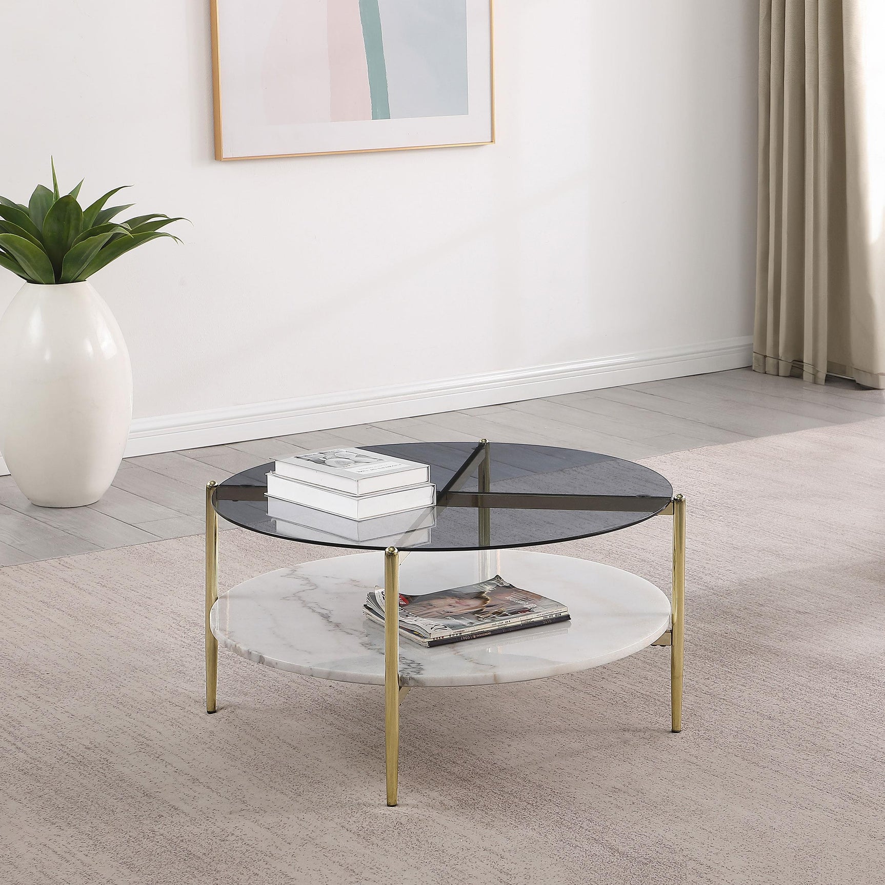 Jonelle coffee table white marble shelf gold legs side view