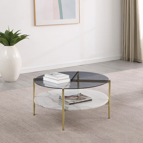 Jonelle coffee table white marble shelf gold legs side view