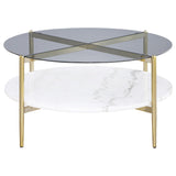 Round coffee table smoke glass top crossing stretchers decorative