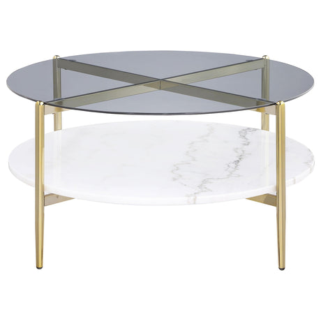 Round coffee table smoke glass top crossing stretchers decorative