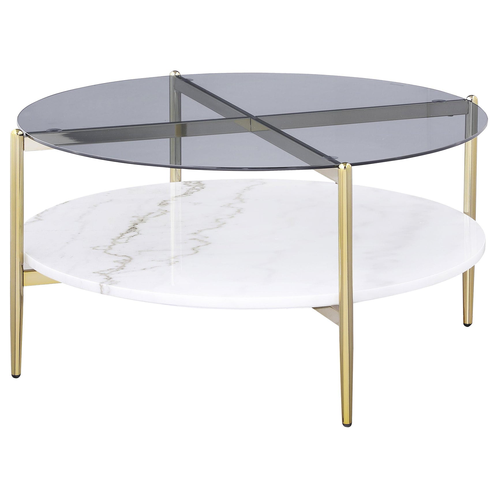 Jonelle coffee table gold metal frame and white marble shelf close-up