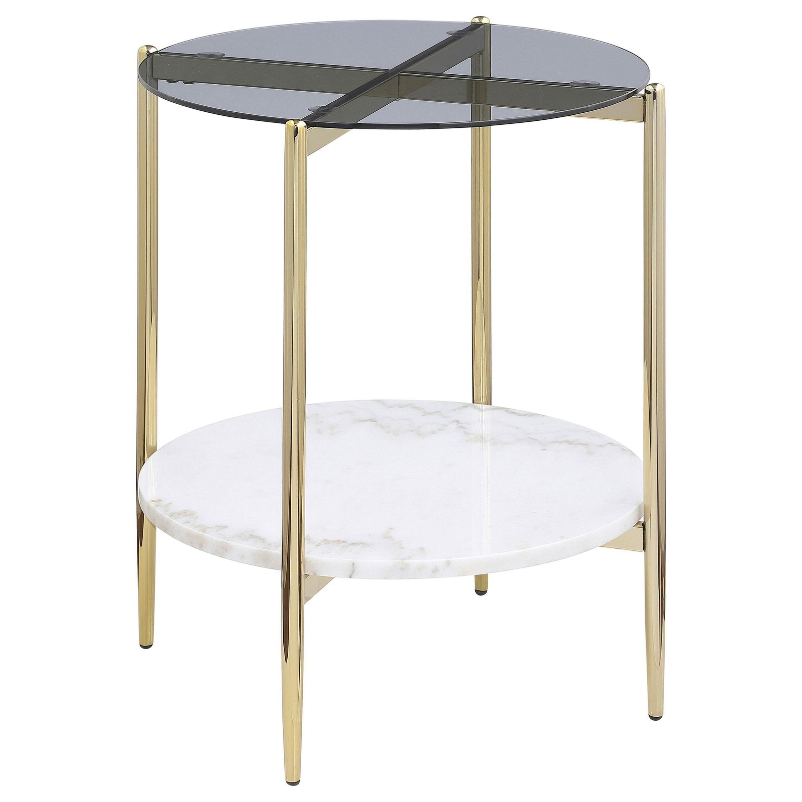 Jonelle Round Glass Top End Table White Marble Shelf Gold 710337 - Ella Furniture