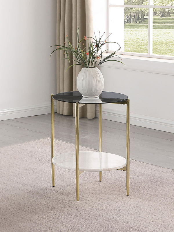 Jonelle end table close-up view of white marble lower shelf and gold frame