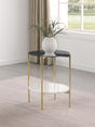 Jonelle end table close-up view of white marble lower shelf and gold frame