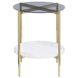 Side angle of Jonelle end table highlighting round glass top and marble shelf