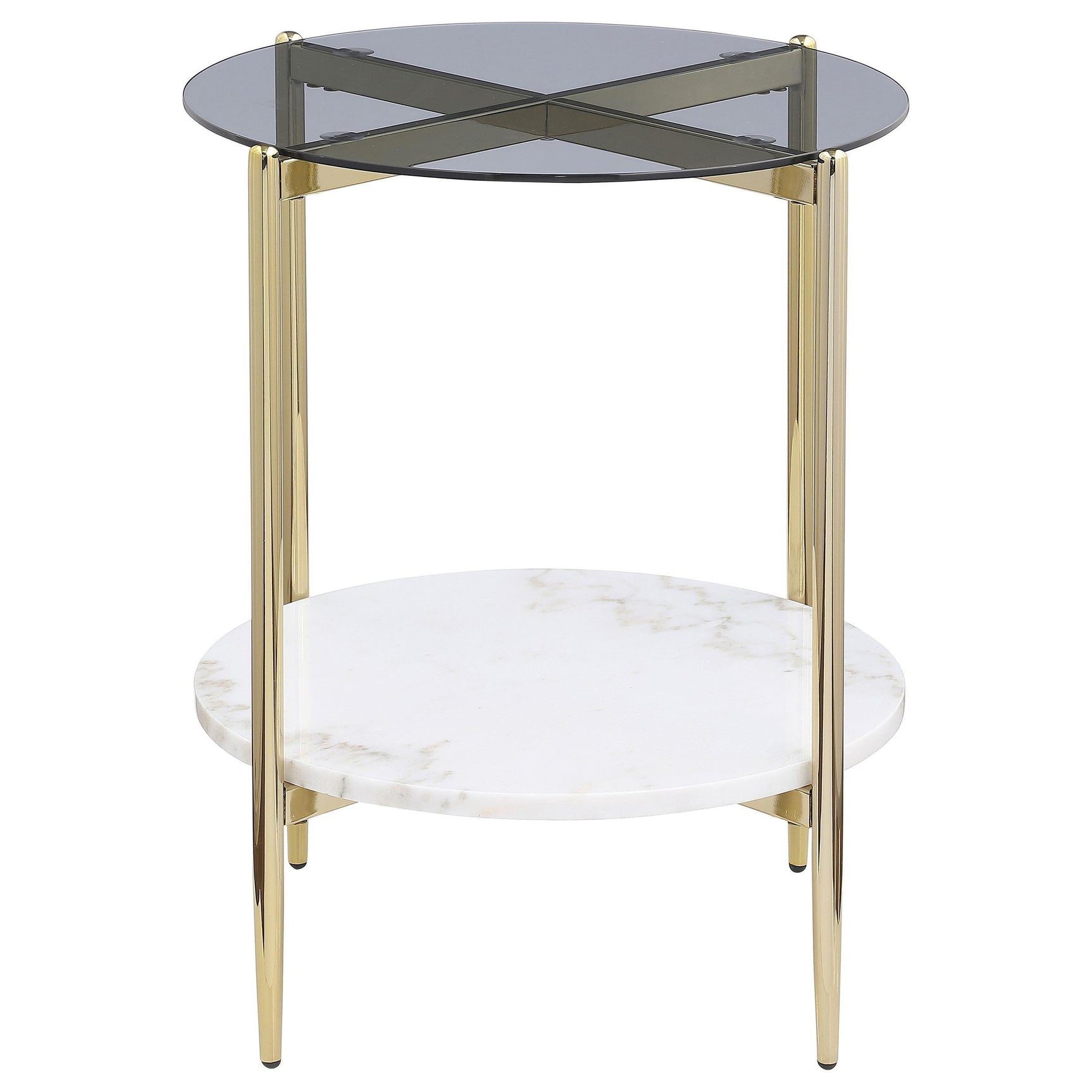 Side angle of Jonelle end table highlighting round glass top and marble shelf