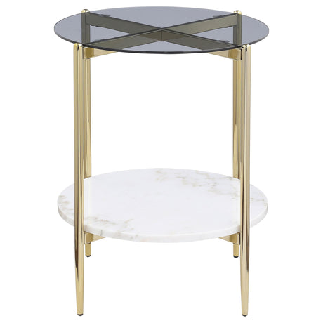 Side angle of Jonelle end table highlighting round glass top and marble shelf