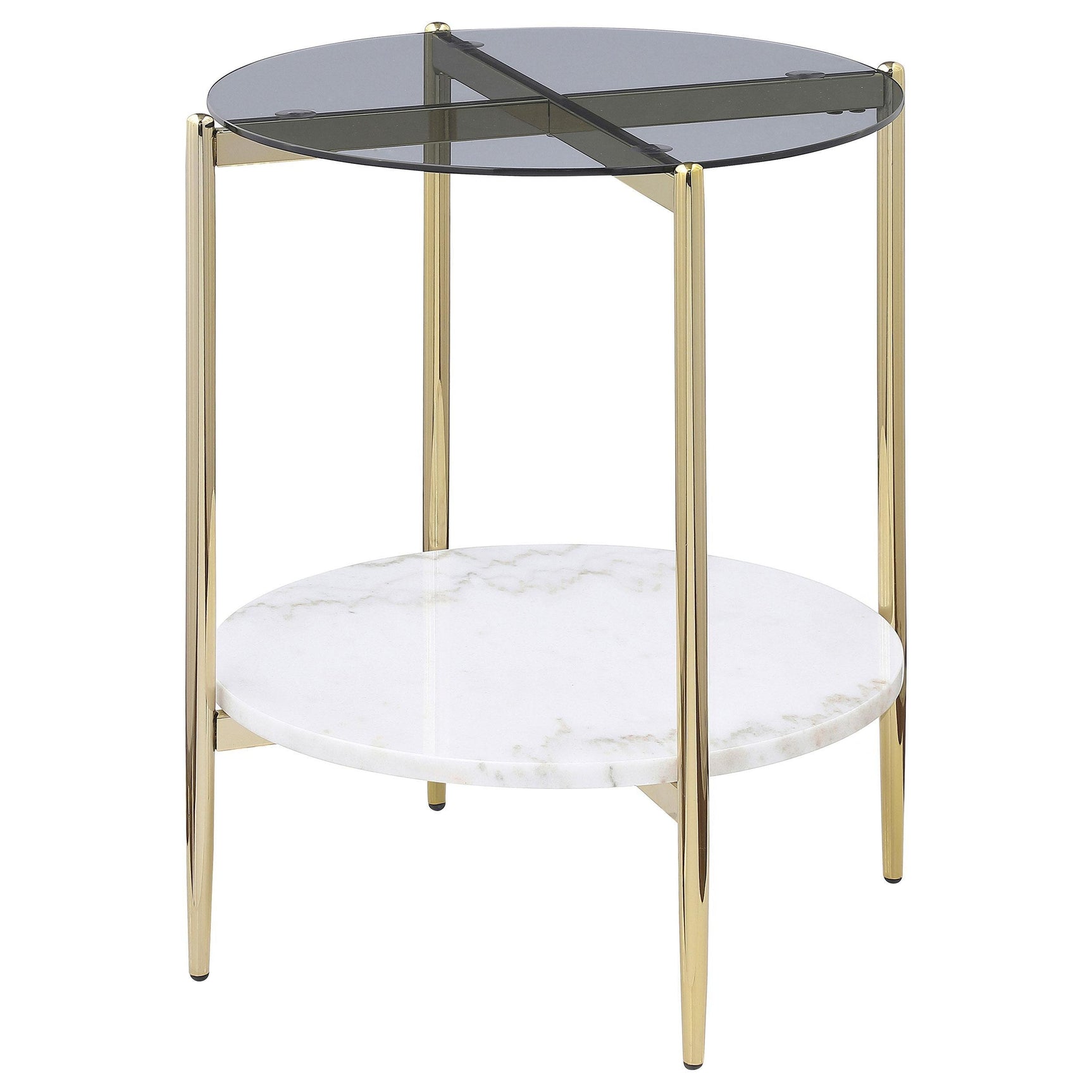 Jonelle end table front view with gold metal frame and marble lower shelf