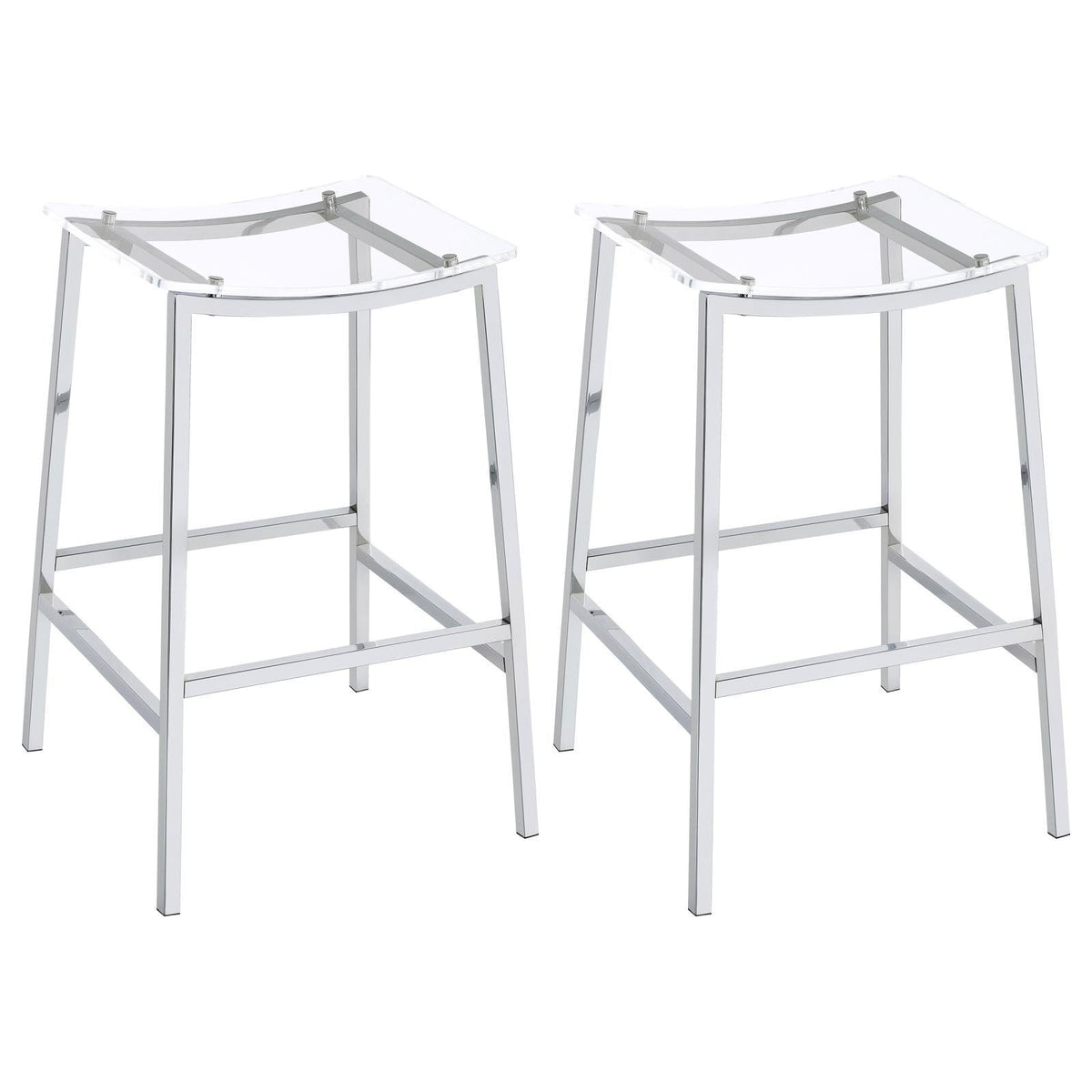 Jovani Acrylic Backless Bar Stool front view showing clear curved seat and chrome frame