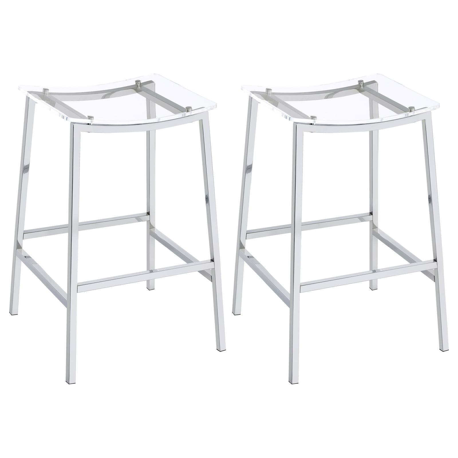 Jovani Acrylic Backless Bar Stool front view showing clear curved seat and chrome frame