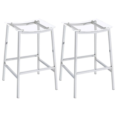 Jovani Acrylic Backless Bar Stool front view showing clear curved seat and chrome frame