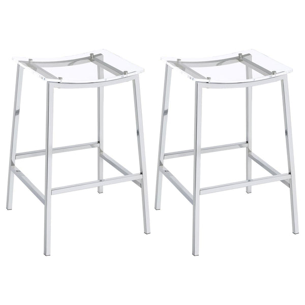 Jovani Acrylic Backless Bar Stool front view showing clear curved seat and chrome frame