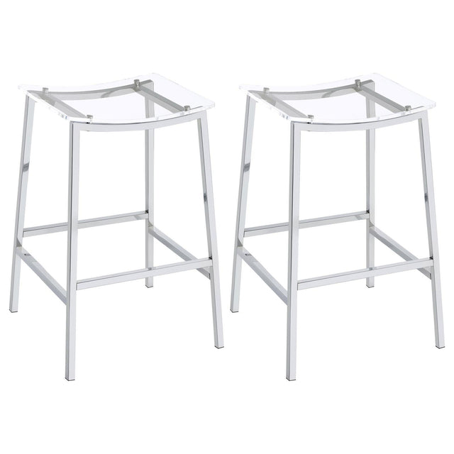 Jovani Acrylic Backless Bar Stool front view showing clear curved seat and chrome frame
