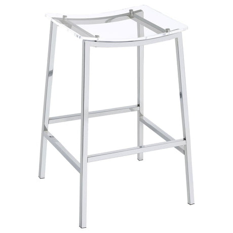 Close-up of clear acrylic seat and chrome metal footrest of Jovani bar stool