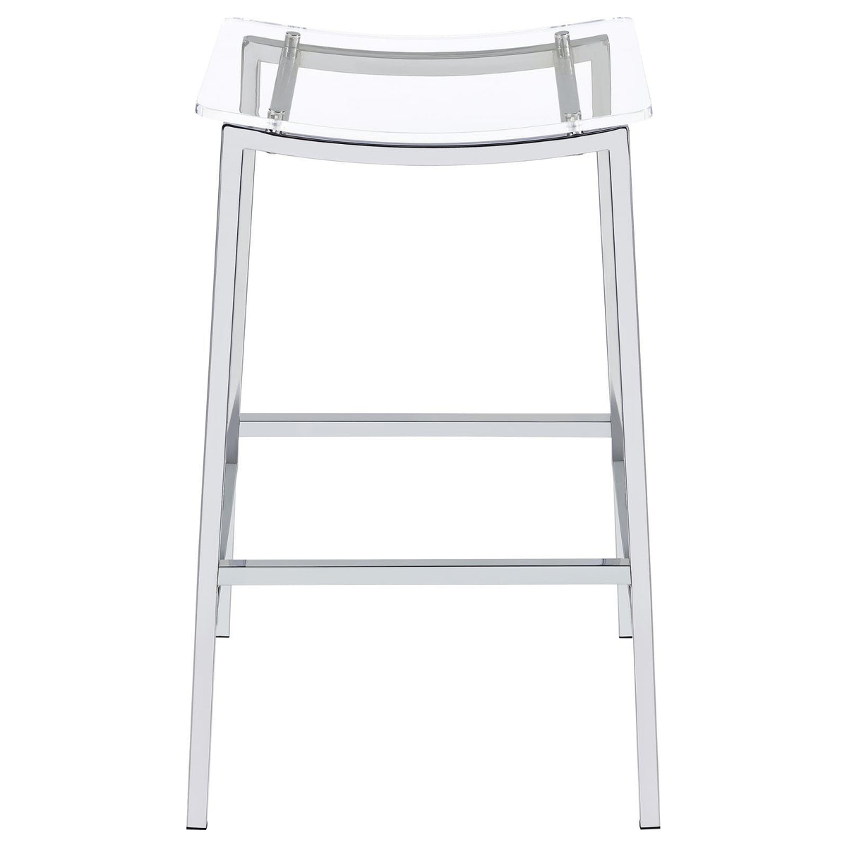 Back view of Jovani bar stool highlighting acrylic seat and chrome supports