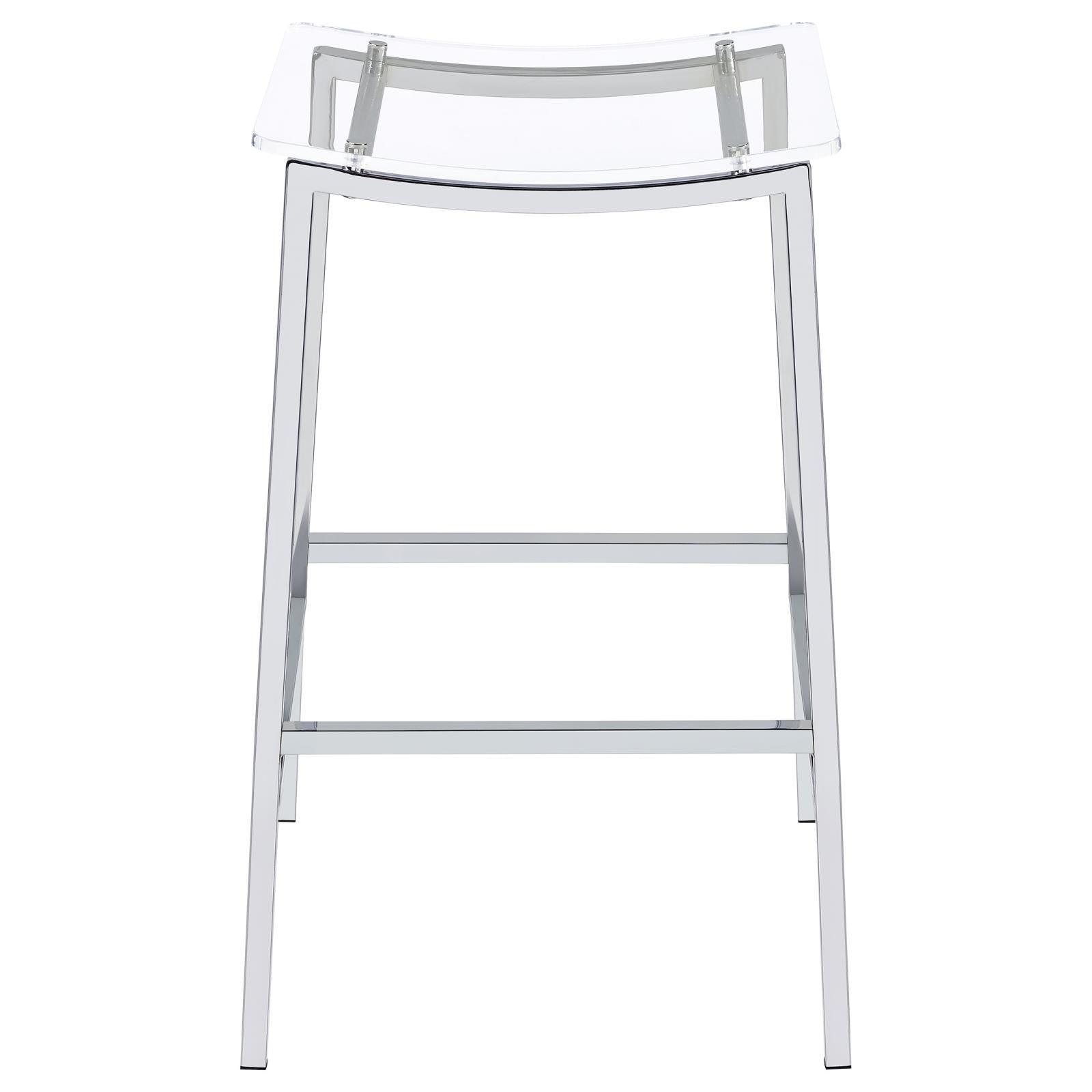 Back view of Jovani bar stool highlighting acrylic seat and chrome supports