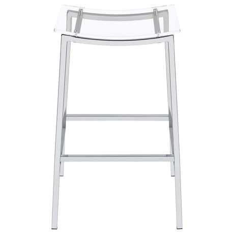 Back view of Jovani bar stool highlighting acrylic seat and chrome supports