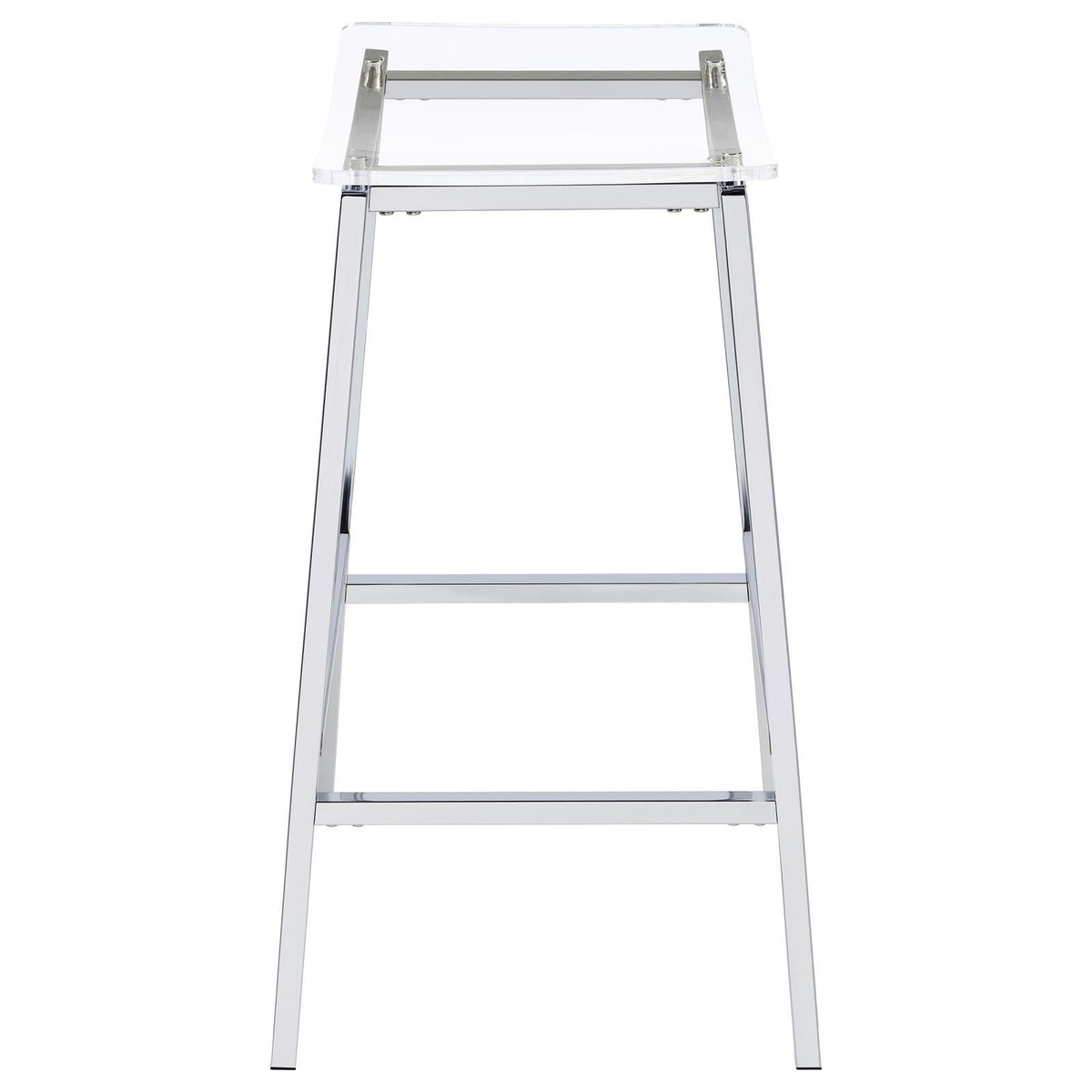 Angled view of Jovani acrylic bar stool showing seat and footrest