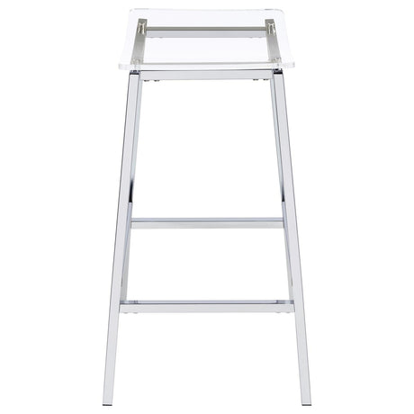 Angled view of Jovani acrylic bar stool showing seat and footrest