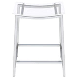 Set of 2 Jovani acrylic backless counter height bar stools clear and chrome in kitchen setting