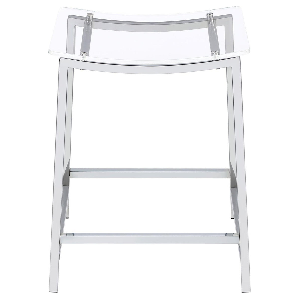Set of 2 Jovani acrylic backless counter height bar stools clear and chrome in kitchen setting