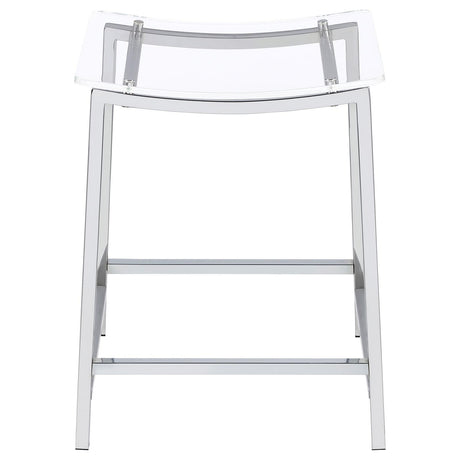 Set of 2 Jovani acrylic backless counter height bar stools clear and chrome in kitchen setting