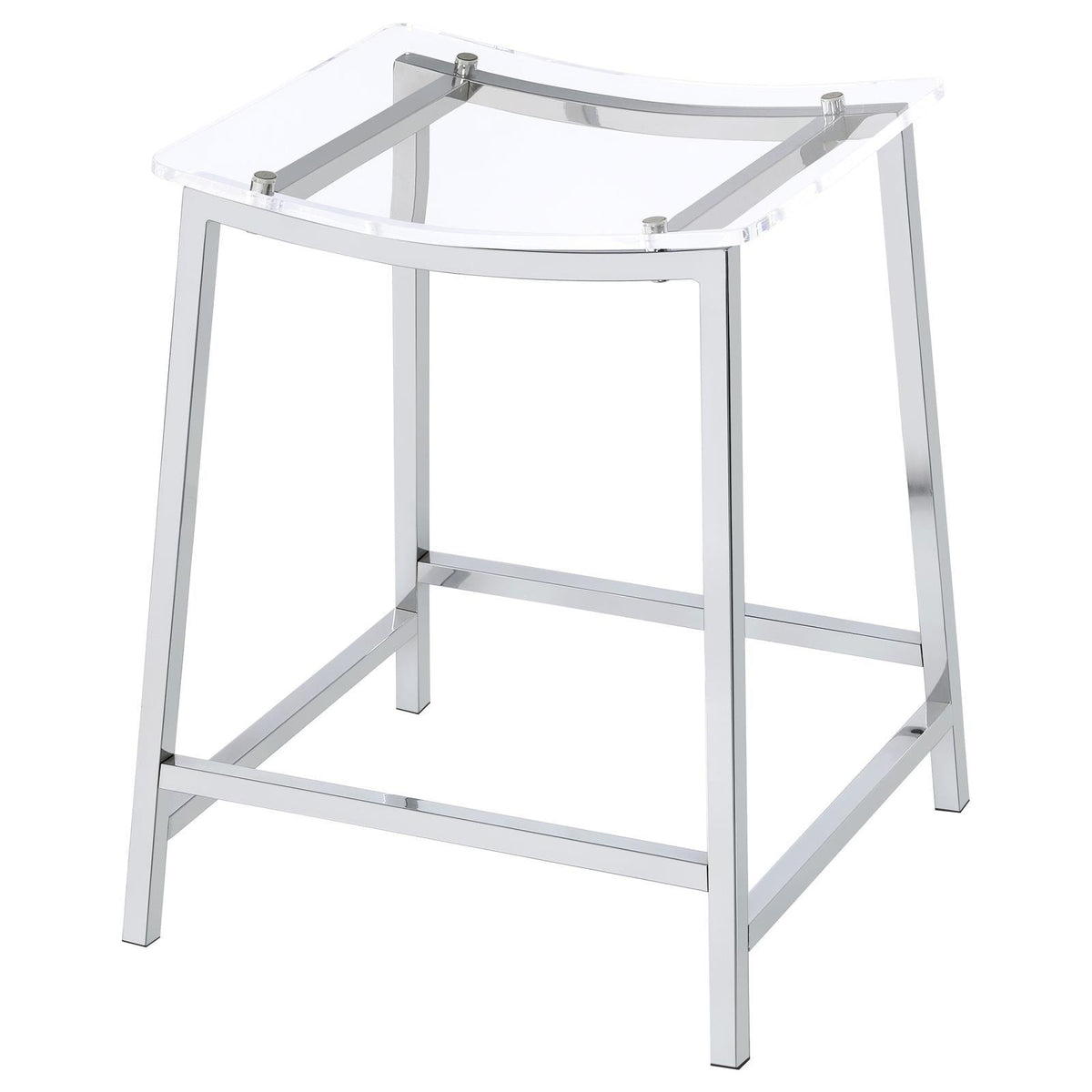 Close-up of Jovani acrylic seat and chrome frame of counter stool