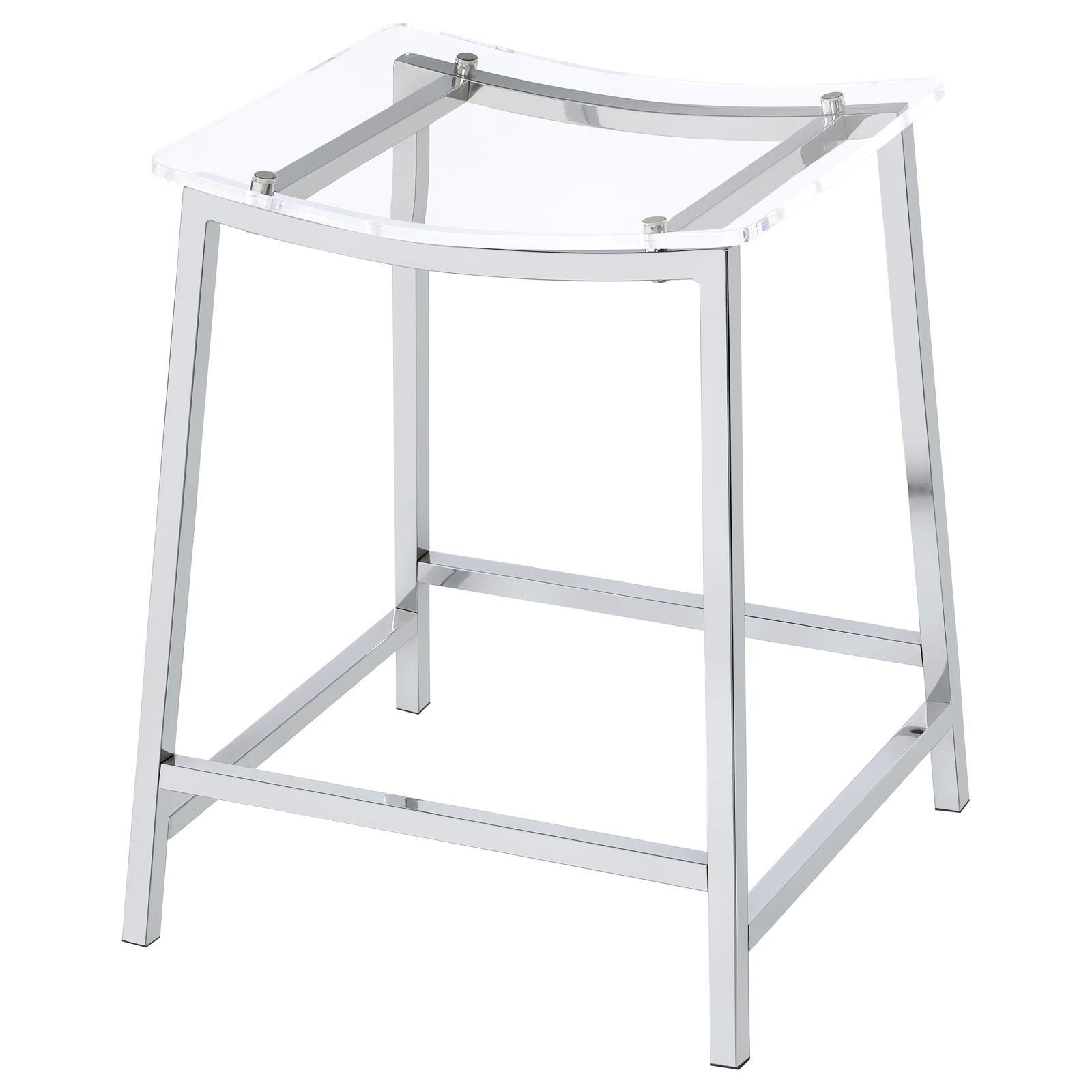 Close-up of Jovani acrylic seat and chrome frame of counter stool