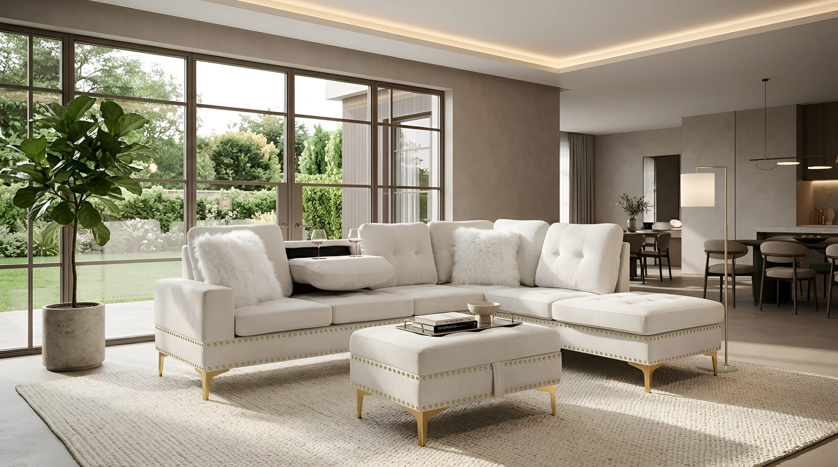 Joy II Beige Velvet Sectional with Gold Accents, Storage Ottoman, and Cupholder Table from Decor Furniture
