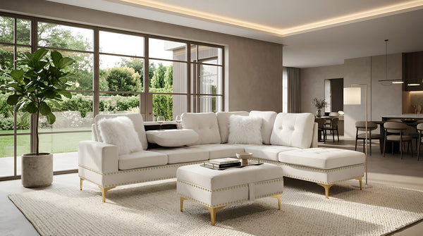 Joy II Beige Velvet Sectional with Gold Accents, Storage Ottoman, and Cupholder Table from Decor Furniture