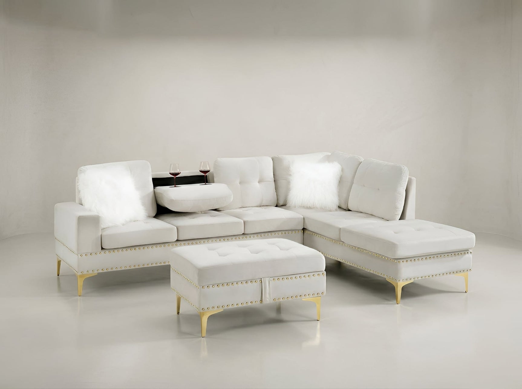 Joy II Beige Velvet Sectional with Gold Accents, Storage Ottoman, and Cupholder Table view 3