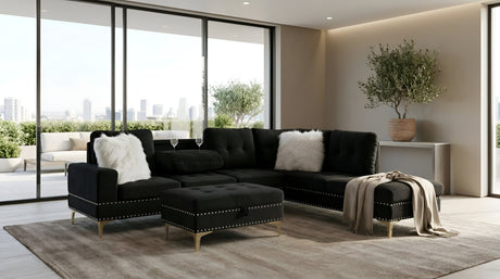 Joy II Black Velvet Sectional with Gold Accents, Storage Ottoman, and Cupholder Table from Decor Furniture