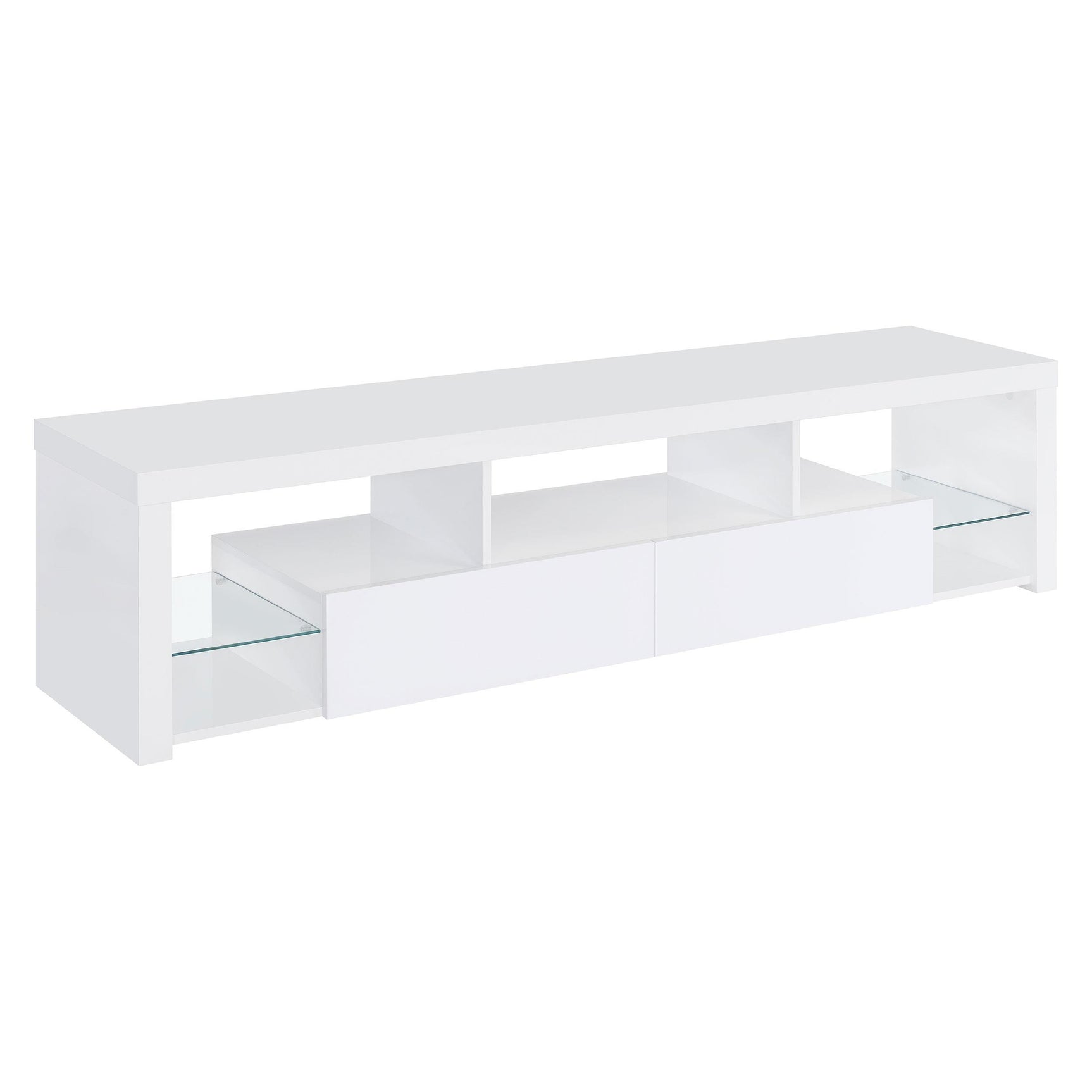 Media tower with three glass shelves in white high gloss finish