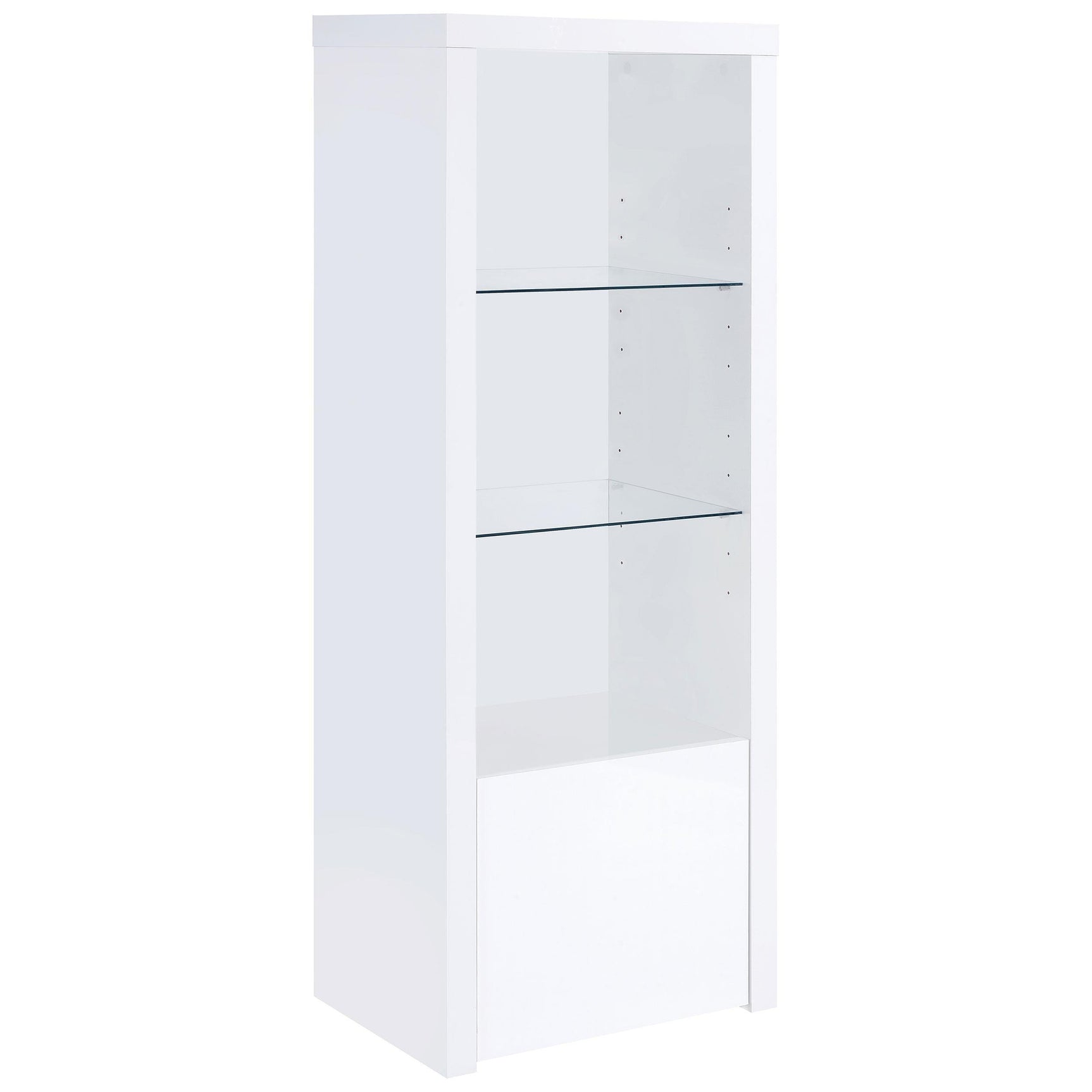 Close-up of clear glass shelf with media items