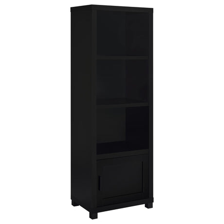 Jupiter black media tower bookcase front view with shelves and cabinet