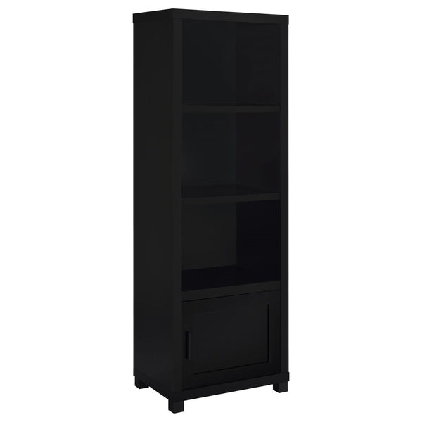 Jupiter black media tower bookcase front view with shelves and cabinet