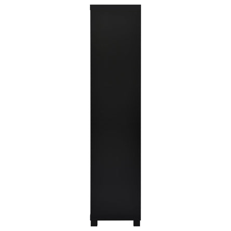 Full height view of Jupiter media tower bookcase with three shelves and cabinet