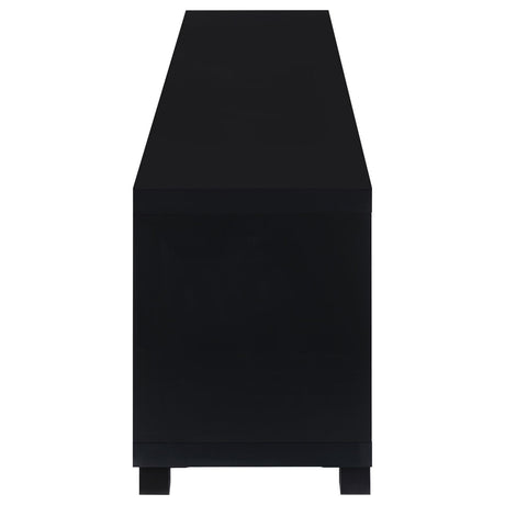 Jupiter TV stand detail of plastic glide levelers