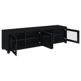 Jupiter black TV stand with glass panel doors open