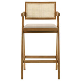 Close-up of woven rattan back on Kane solid wood bar stool