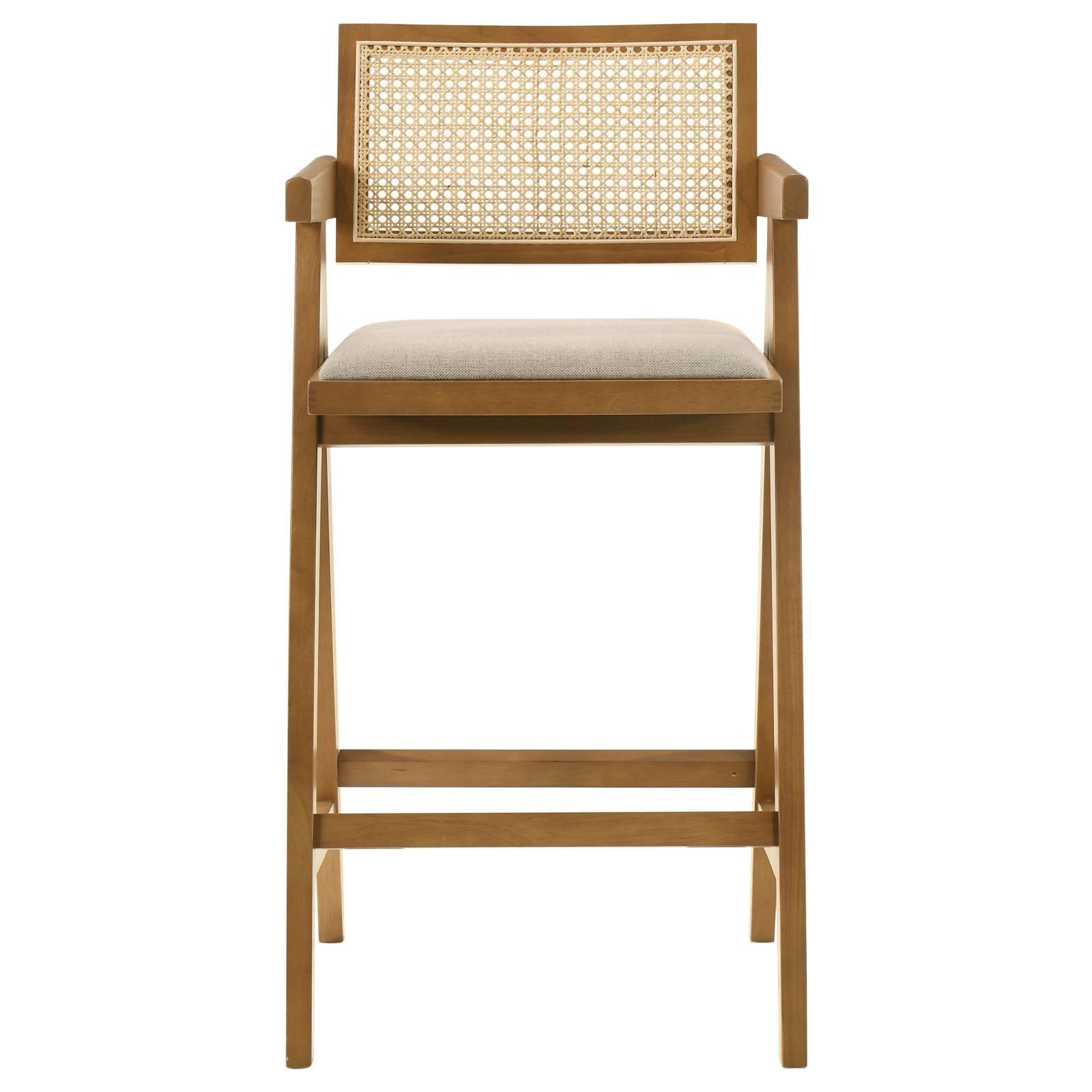 Close-up of woven rattan back on Kane solid wood bar stool
